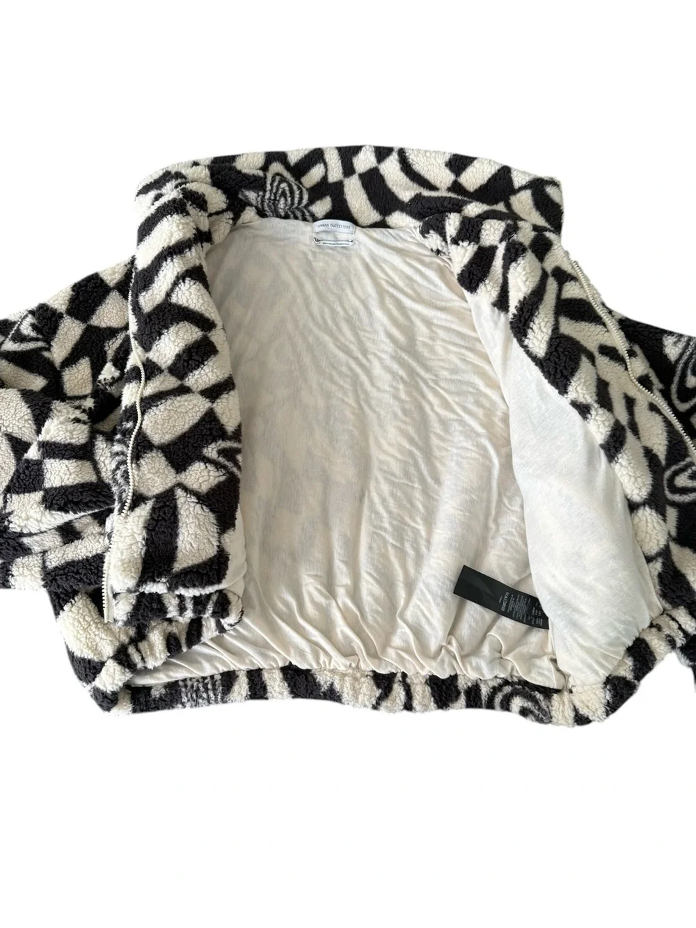 Urban Outfitters Olivia Print Sherpa Jacket Butterfly Mod Cream Black Fleece S